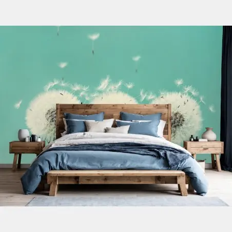 Wall mural three dandelion puffballs on turquoise background • Wallissimo®