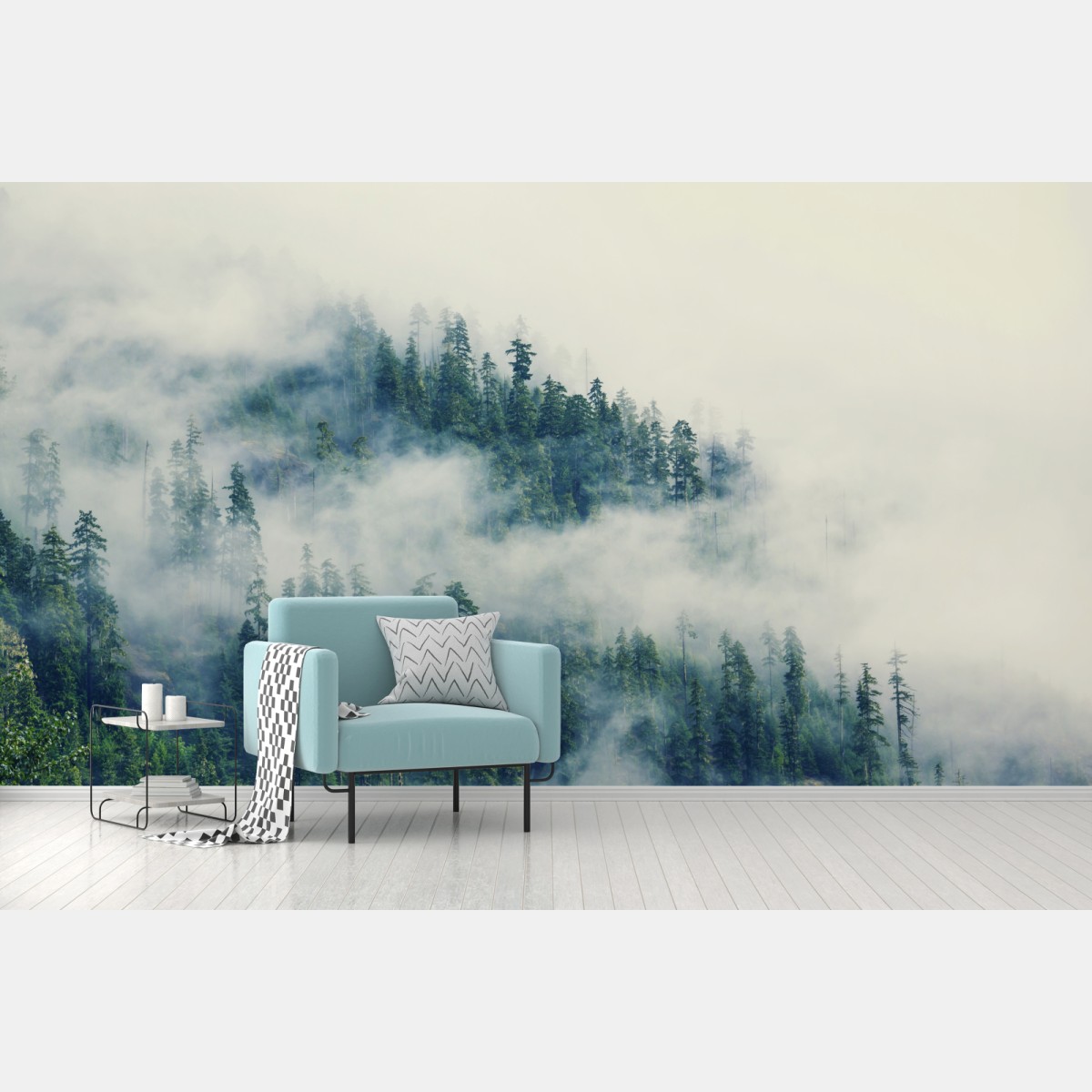 Wall mural misty evergreen forest • Wallissimo®