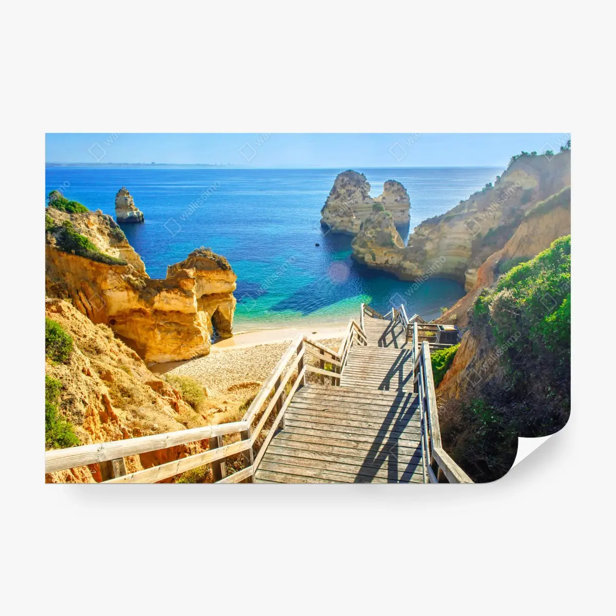 Wall mural sunlit coastal steps to a turquoise cove ⁕ Wallissimo®