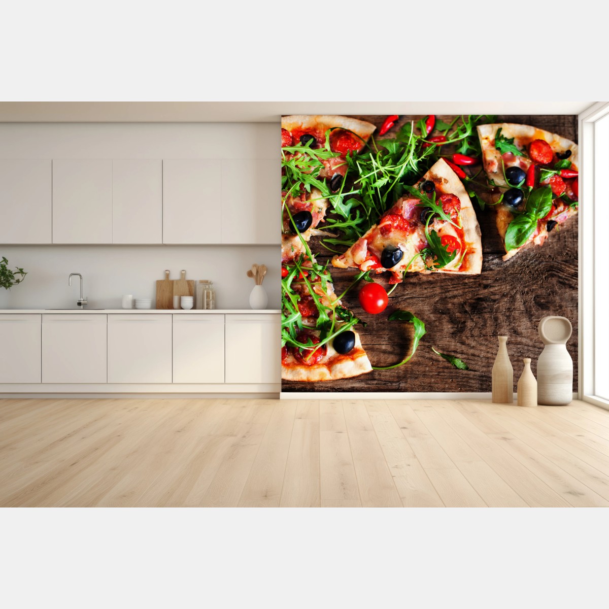 Wall mural hot pepperoni pizza close-up • Wallissimo®