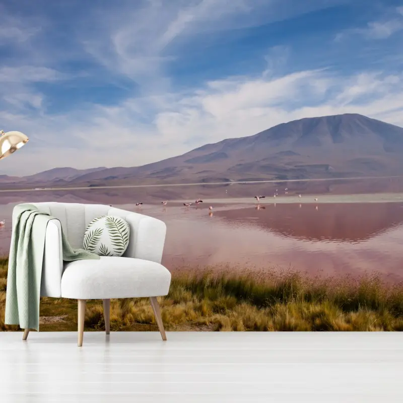 Wall mural pink lagoon with flamingos and mountain reflection