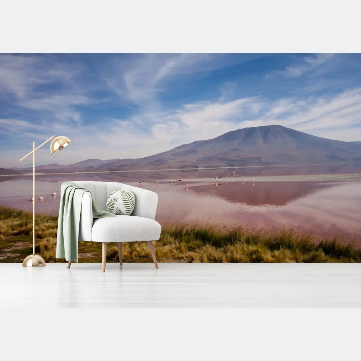 Wall mural pink lagoon with flamingos and mountain reflection • Wallissimo®