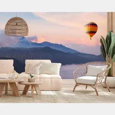 Wall mural hot air balloon over misty mountains • Wallissimo®