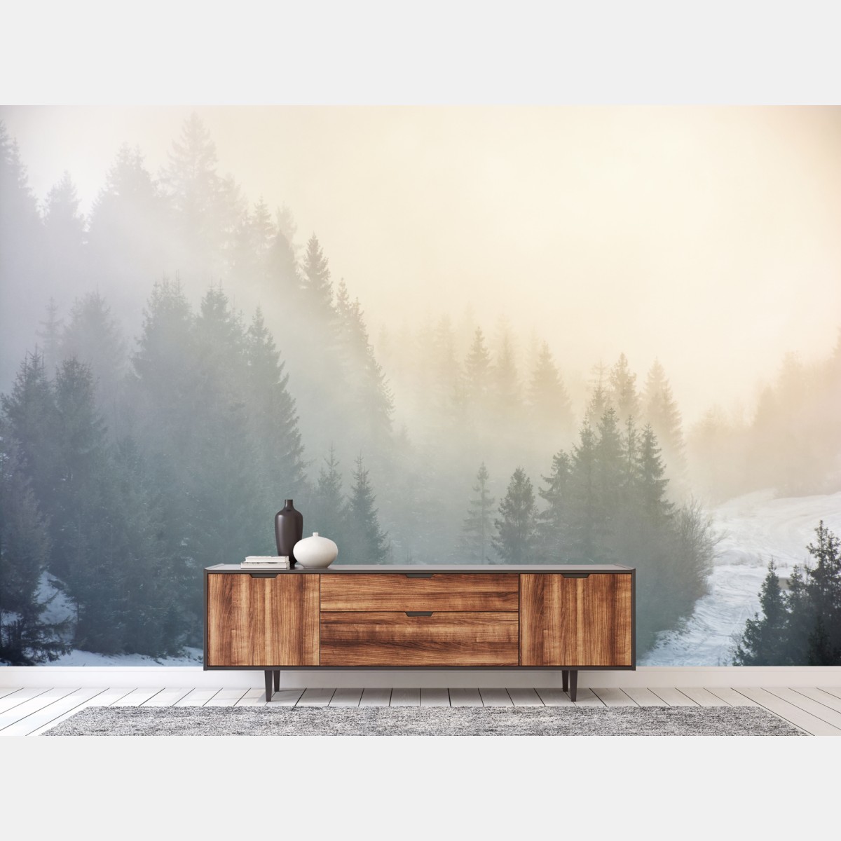 Wall mural misty spruce forest sunrise • Wallissimo®