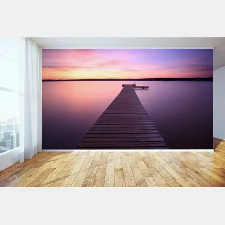 Wall mural tranquil pastel sunset over lake pier • Wallissimo®
