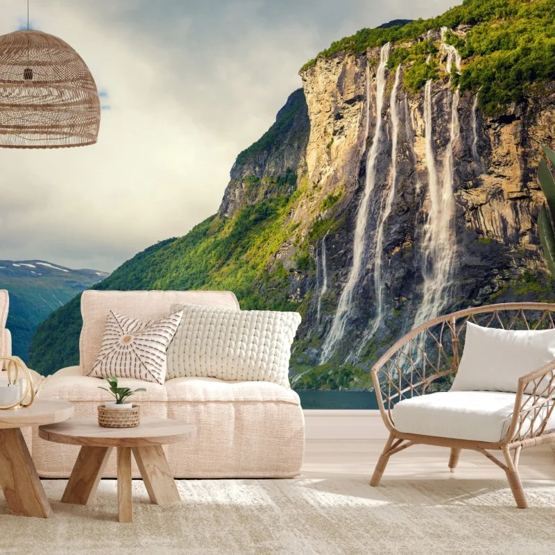 Wall mural waterfalls cascading down fjord cliffs