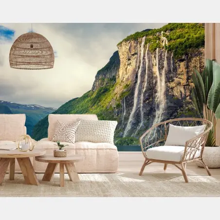 Wall mural waterfalls cascading down fjord cliffs • Wallissimo®