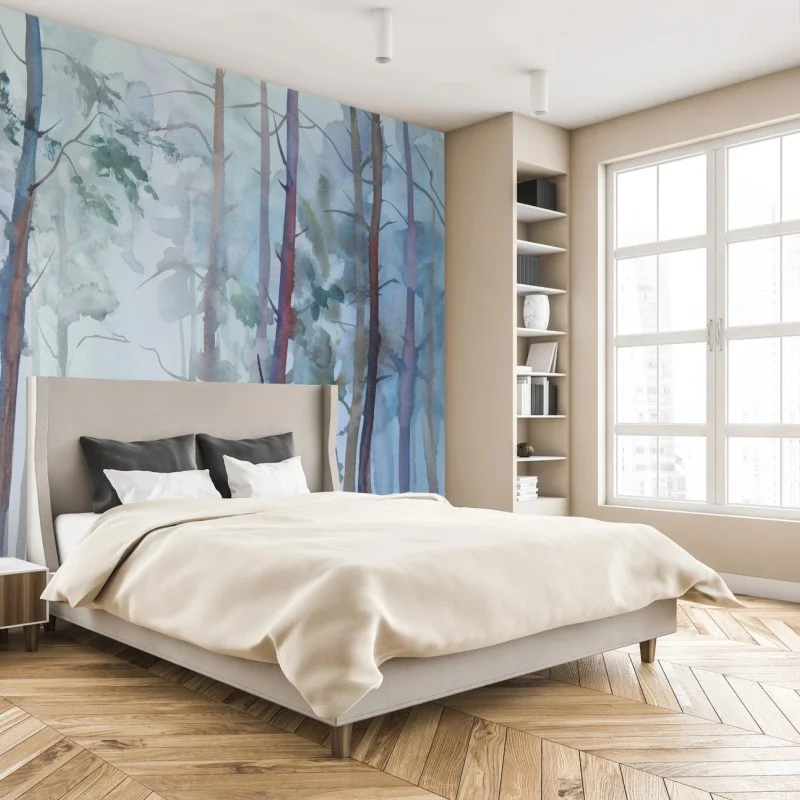 Wall mural misty watercolor forest landscape