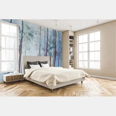 Wall mural misty watercolor forest landscape • Wallissimo®