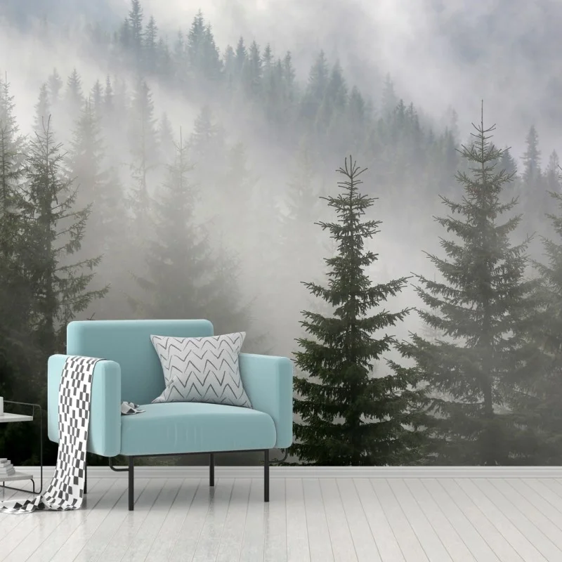 Wall mural misty pine forest at dawn