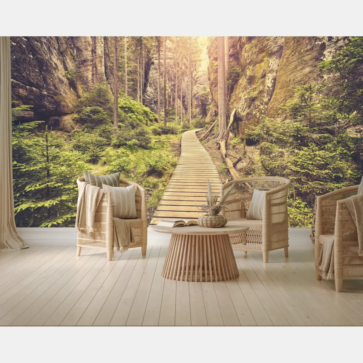 Wall mural sunlit wooden path in Adrspach Teplice • Wallissimo®