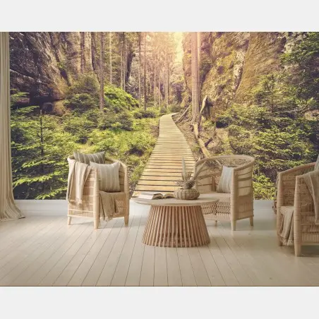 Wall mural sunlit wooden path in Adrspach Teplice • Wallissimo®