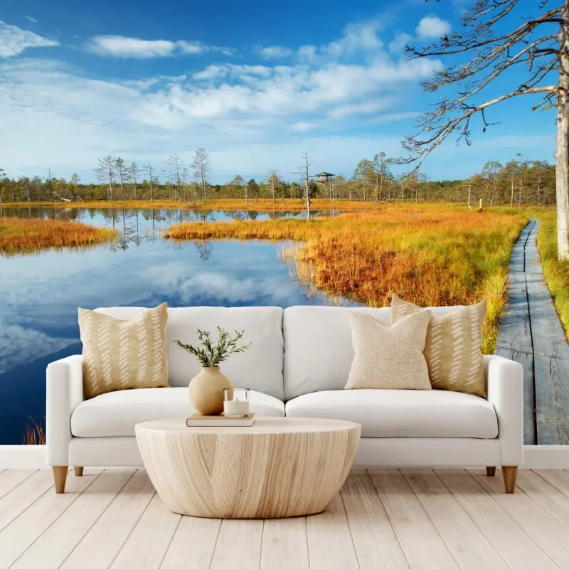 Wall mural autumn boardwalk over a tranquil bog