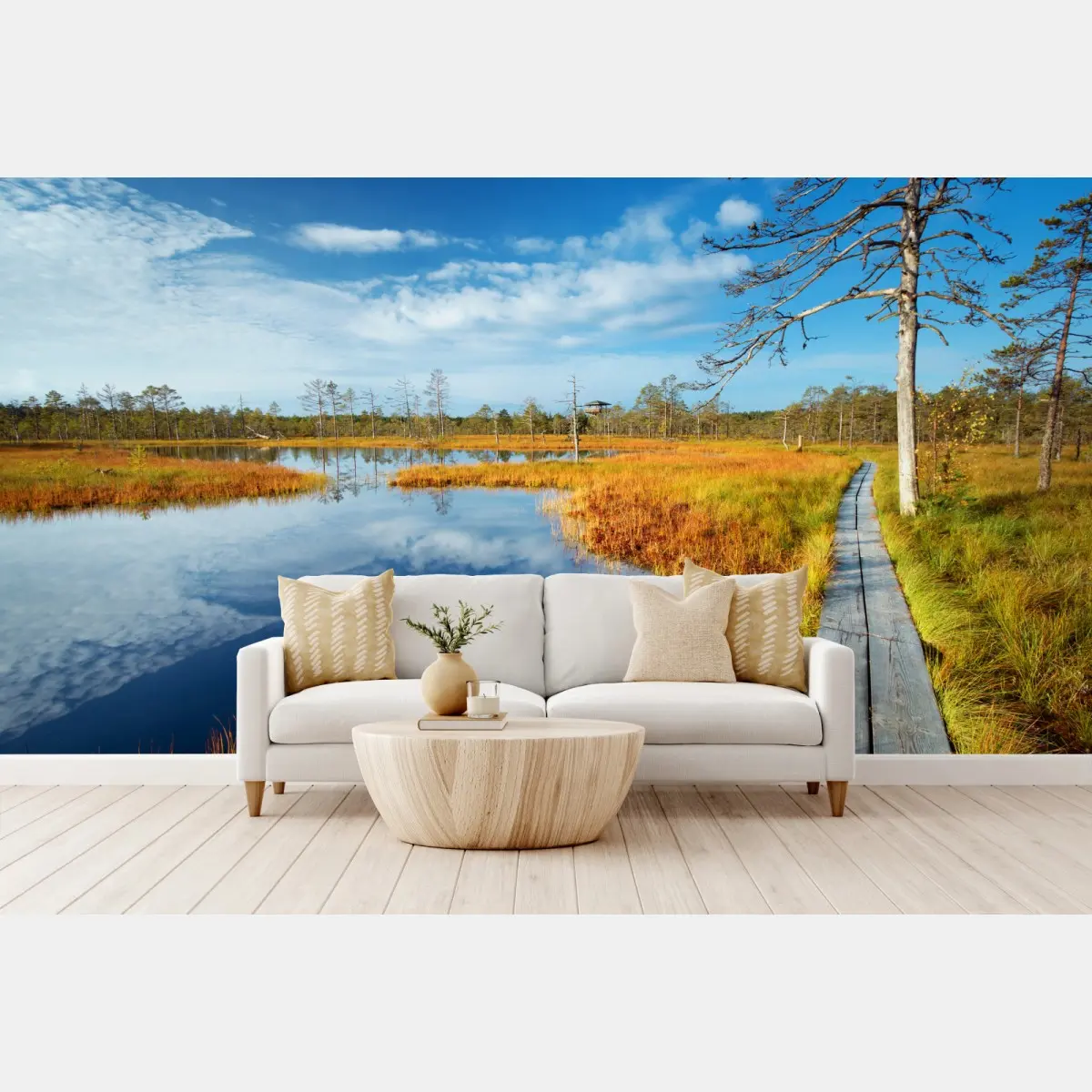 Wall mural autumn boardwalk over a tranquil bog • Wallissimo®