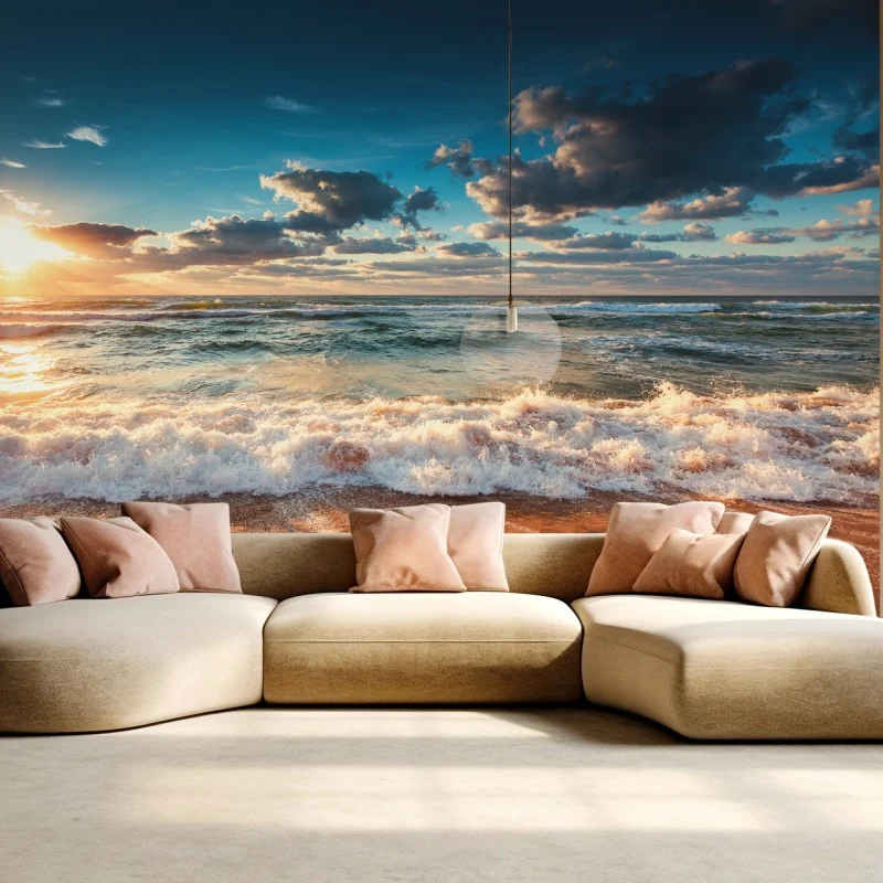 Wall mural golden sunrise over the ocean shore