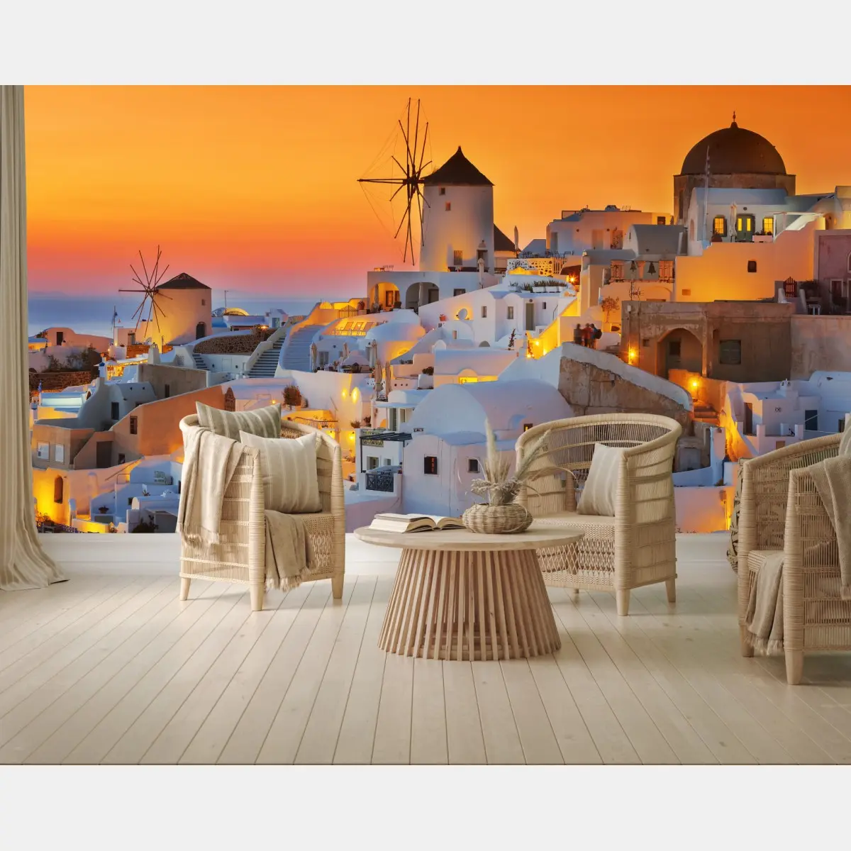 Wall mural golden sunset over Oia, Santorini • Wallissimo®