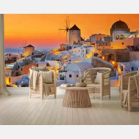 Wall mural golden sunset over Oia, Santorini • Wallissimo®