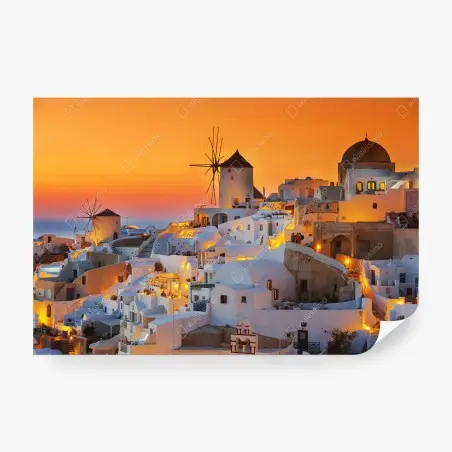 Wall mural golden sunset over Oia, Santorini • Wallissimo®