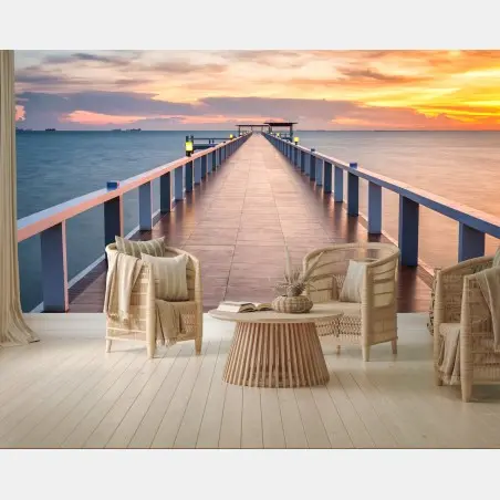 Wall mural sunset pier at the harbor • Wallissimo®
