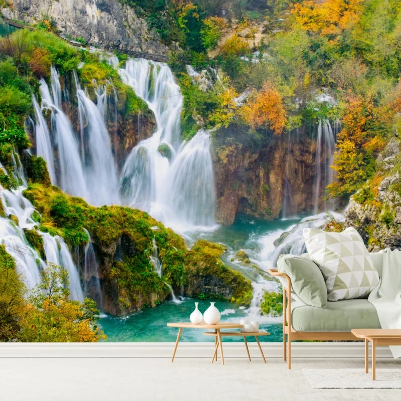 Wall mural turquoise waterfall in autumn ⁕ Wallissimo® Wall mural turquoise waterfall in autumn ⁕ Wallissimo®