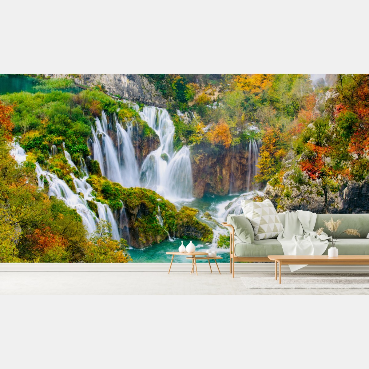 Wall mural turquoise waterfall in autumn • Wallissimo®