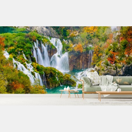 Wall mural turquoise waterfall in autumn • Wallissimo®