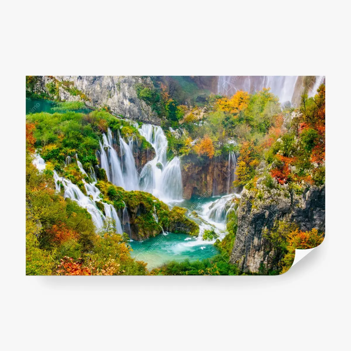 Wall mural turquoise waterfall in autumn • Wallissimo®