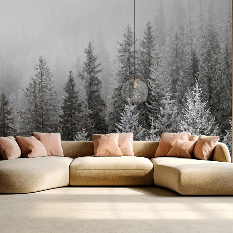 Wall mural foggy winter forest in the Carpathians