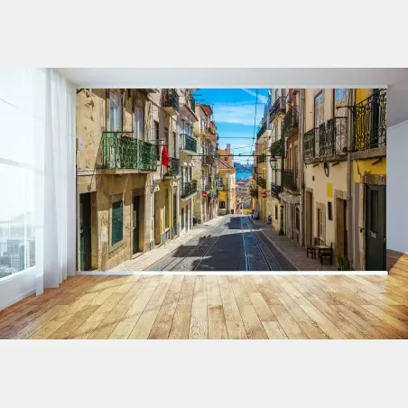 Wall mural old Lisbon street on a summer day • Wallissimo®