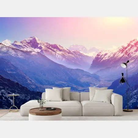 Wall mural pastel mountain valley sunrise • Wallissimo®