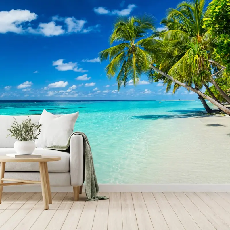 Wall mural tropical turquoise beach with leaning palms