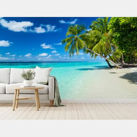 Wall mural tropical turquoise beach with leaning palms • Wallissimo®