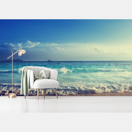 Wall mural Seychelles beach at sunset • Wallissimo®