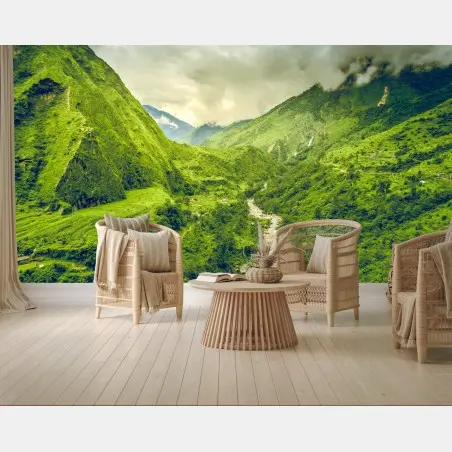 Wall mural lush green mountain valley with river • Wallissimo®