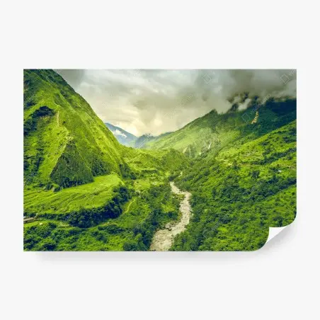 Wall mural lush green mountain valley with river • Wallissimo®