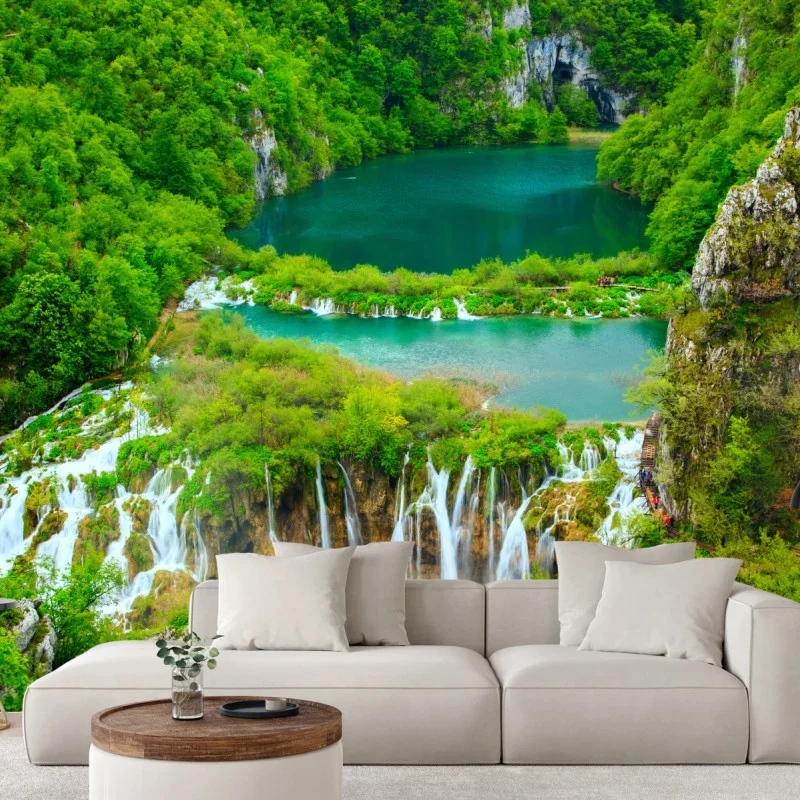 Wall mural lush waterfall and turquoise lakes panorama