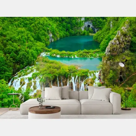 Wall mural lush waterfall and turquoise lakes panorama • Wallissimo®