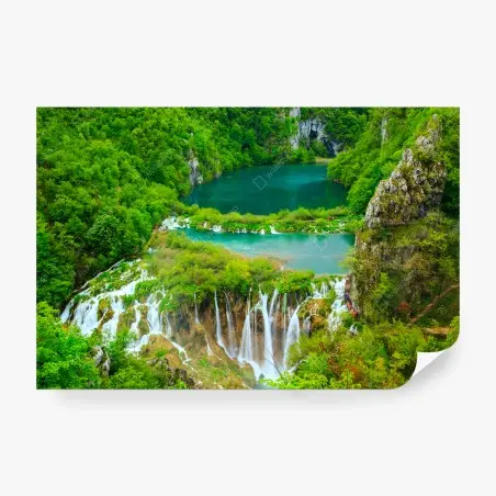 Wall mural lush waterfall and turquoise lakes panorama • Wallissimo®