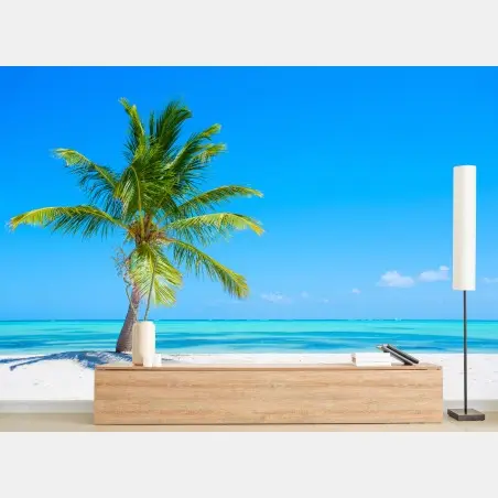 Wall mural tropical palm on white sand beach • Wallissimo®
