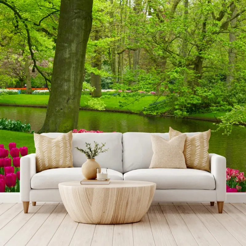 Wall mural spring tulip garden by the canal