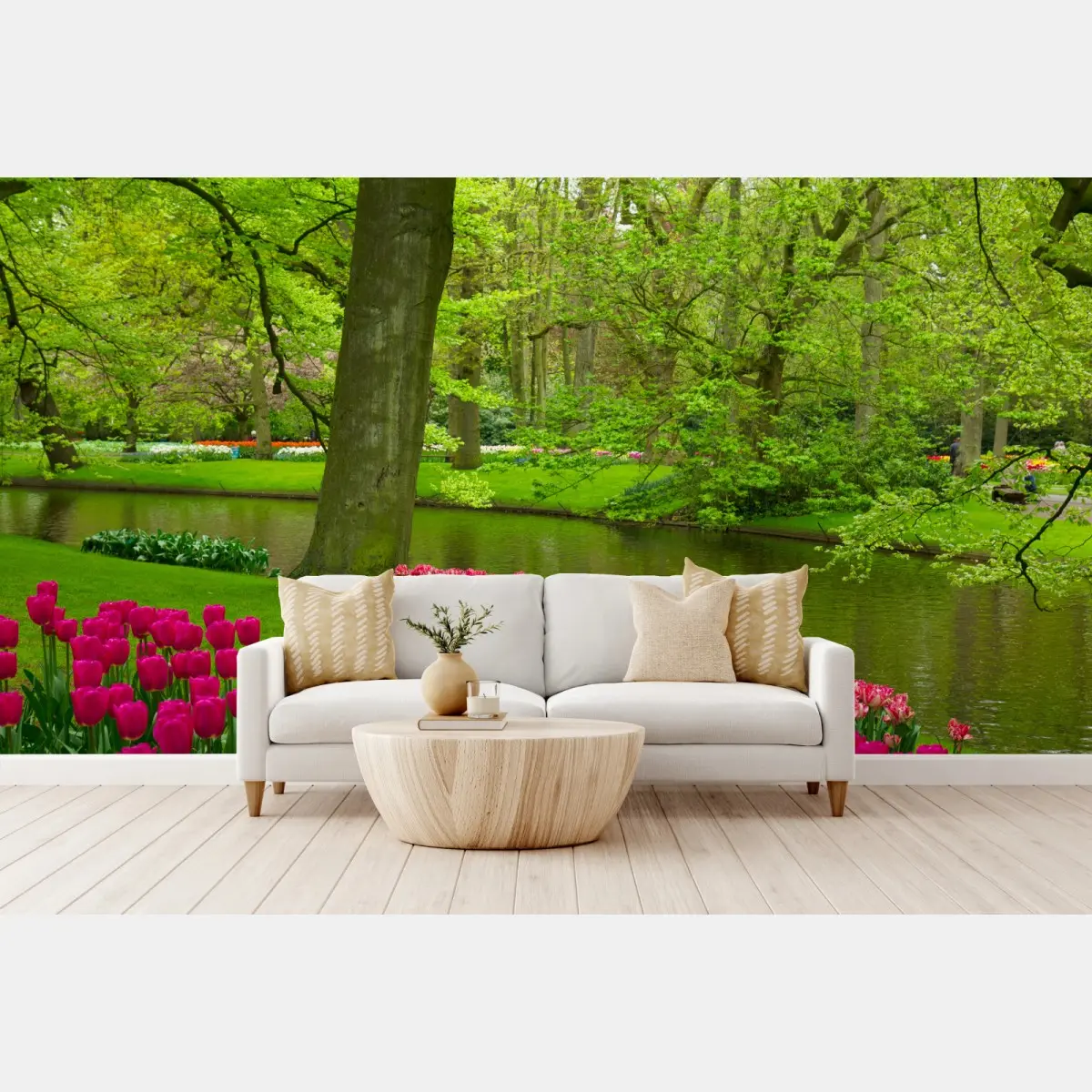 Wall mural spring tulip garden by the canal • Wallissimo®