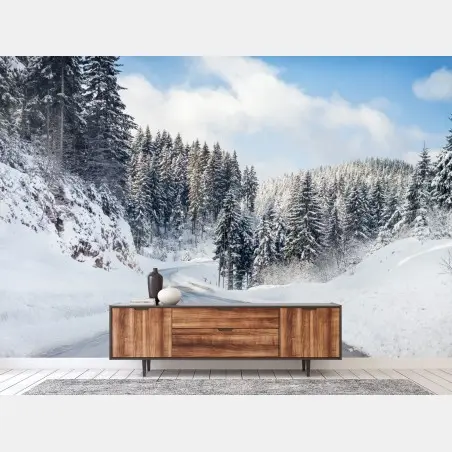 Wall mural winter road through snowy fir forest • Wallissimo®