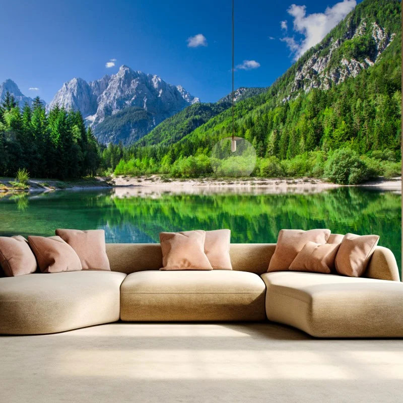Wall mural alpine lake reflection in green mountains