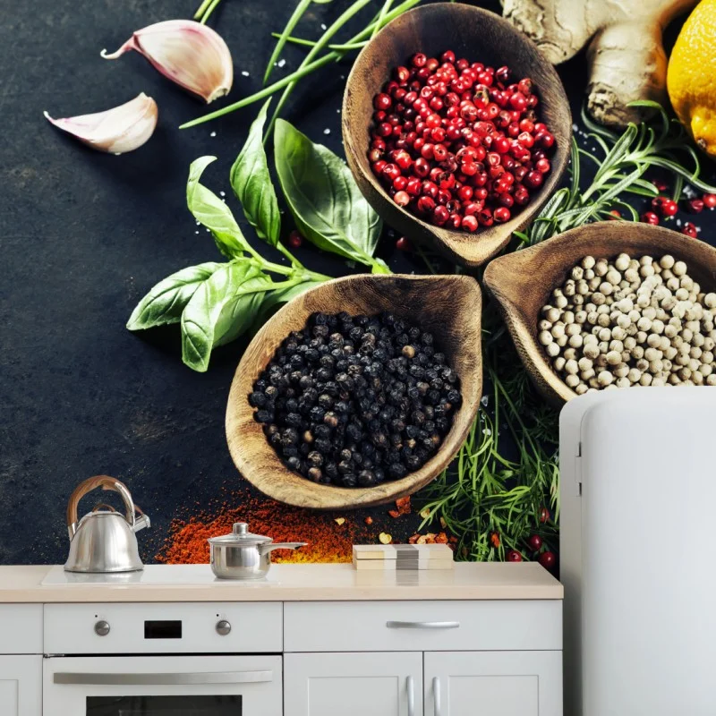 Wall mural vibrant spices and fresh herbs