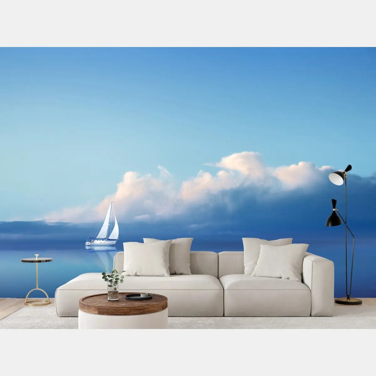 Wall mural sailboat on calm blue sea • Wallissimo®