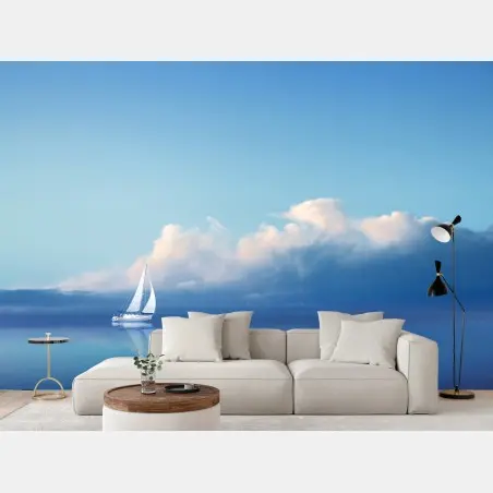 Wall mural sailboat on calm blue sea • Wallissimo®