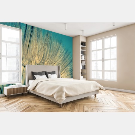 Wall mural delicate dandelion close-up in soft blue • Wallissimo®