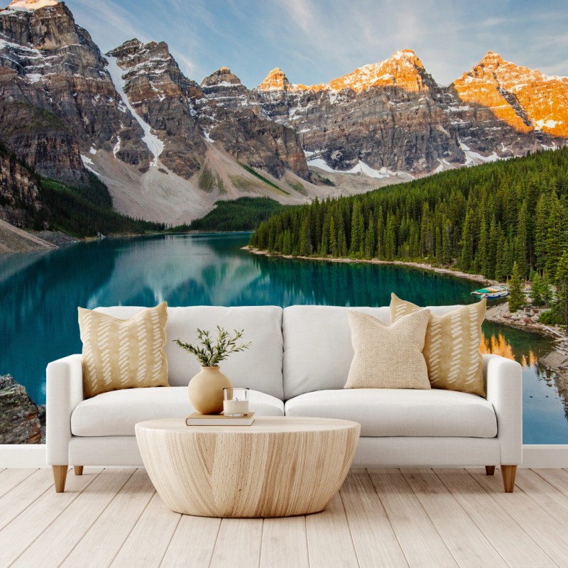 Wall mural sunlit alpine lake reflection
