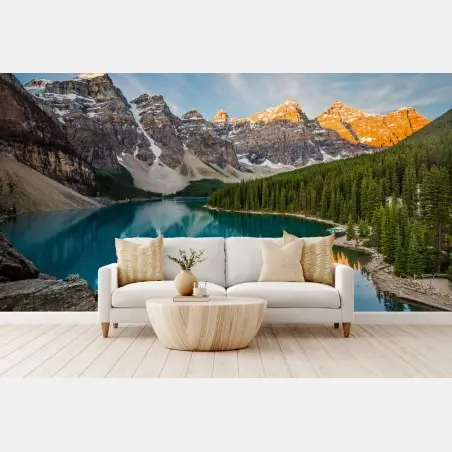 Wall mural sunlit alpine lake reflection • Wallissimo®