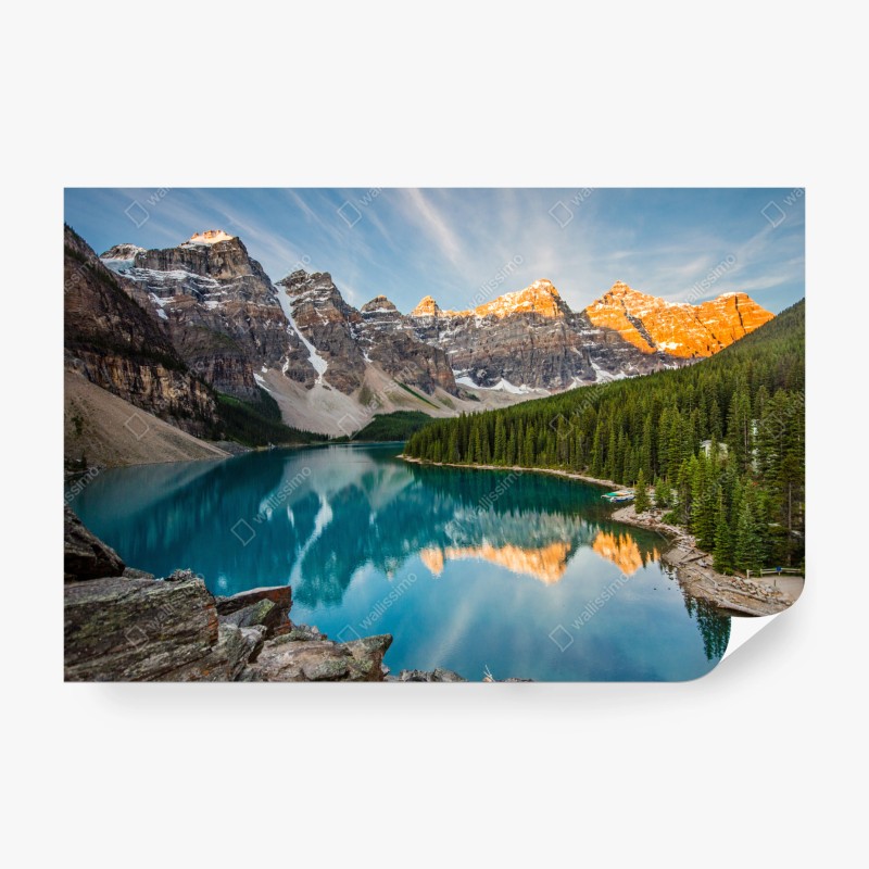 Wall mural sunlit alpine lake reflection